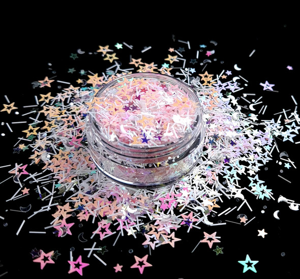 TNS Pink & White Star & Moon Glitter Mix for Nail Art - 1oz Bag