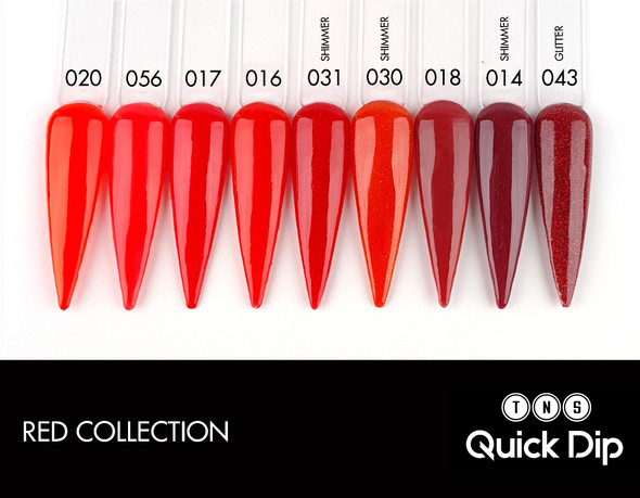 TNS Quick Dip Fast Setting Coloured Powder 28gm. Red Nails Colour Swatches. Bright Red Shimmer QD030