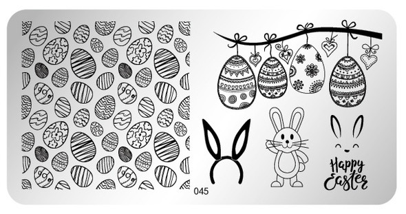 Pamper Plates Professional Nail Stamping Plates - Design #45 (Easter Eggs, Bunny Ears, Happy Easter Text)