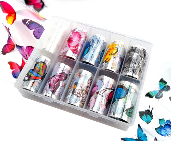 Black, White & Brightly Coloured Butterfly Nail Art Transfer Foil Set (10 Designs Per Box)