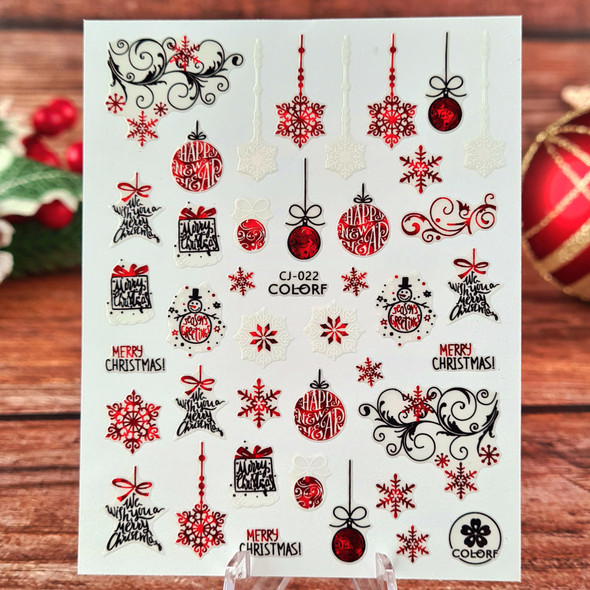 Christmas Nail Stickers (Red, White, Black) - Baubles, Stars, Snowflakes, Snowmen