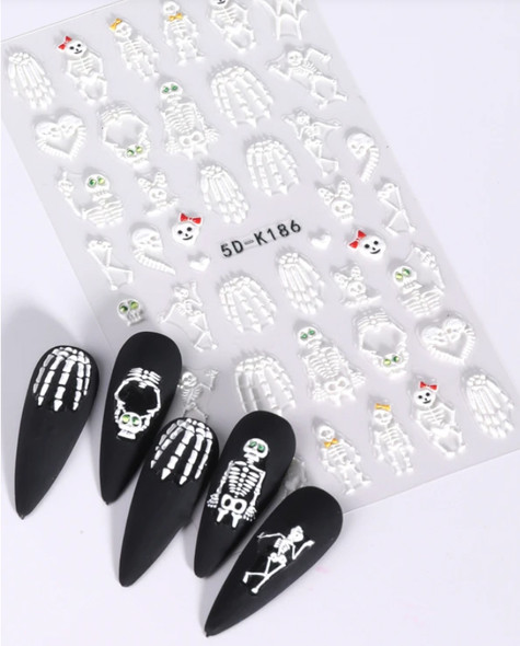 5D White Skeleton Nail Art Stickers. Halloween Nail Stickers. 5D-K186