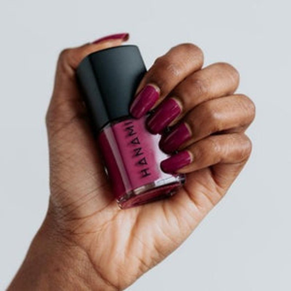 Hanami Nail Polish - Doria 15ml colour is Berry burgundy, vegan and cruelty free, breathable and Australian made. Example of use.