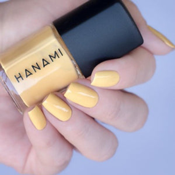 Hanami Nail Polish - Forsythia 15ml colour is Daisy yellow, vegan and cruelty free, breathable and Australian made. Example of use.