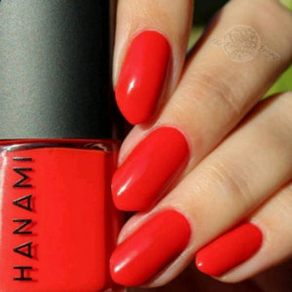 Hanami Nail Polish - I Wanna Be Adored 15ml colour is Bright red orange, vegan and cruelty free, breathable and Australian made. Example of use.