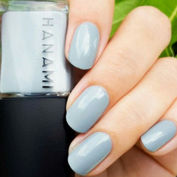 Hanami Nail Polish - Pale Grey Eyes 15ml colour is Light grey, vegan and cruelty free, breathable and Australian made. Example of use.