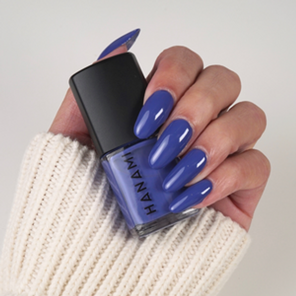 Hanami Nail Polish - Periwinkle 15ml colour is blue violet, vegan and cruelty free, breathable and Australian made. Example of use.