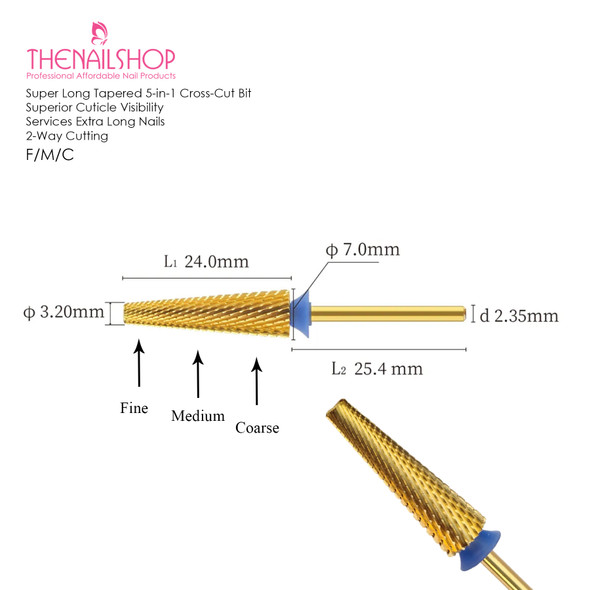 TNS 5-IN-1 Long Tapered Golden Carbide Nail Drill Bit  (F/M/C) 