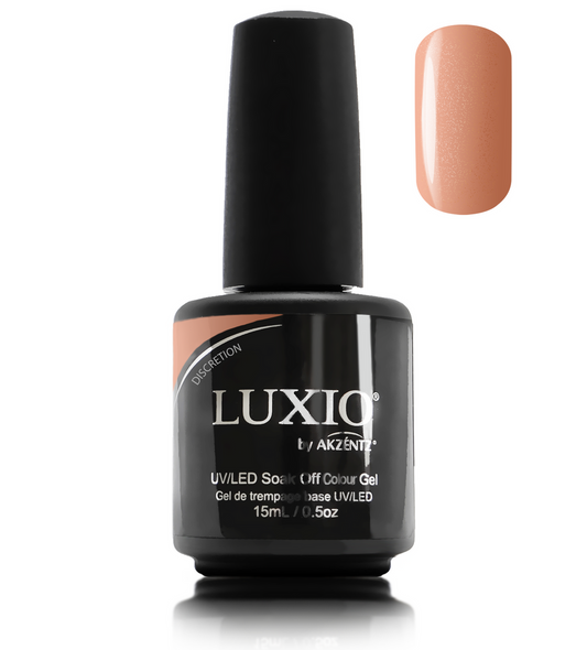 Luxio Gel Polish - Discretion 15ml A Soft Peach with Frost  premium 100% pure gel, odourless, vegan, long lasting, HEMA-FREE, pro-only Coloured Gel Polish.