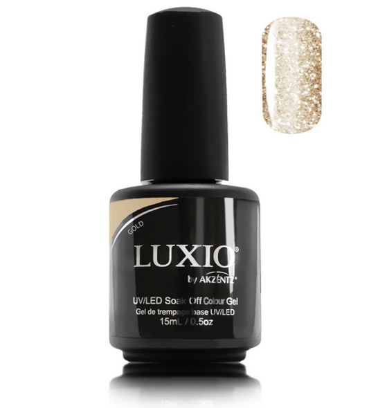 Luxio Gel Polish - Gold (Glitter) 15ml A Bright Gold Glitter  premium 100% pure gel, odourless, vegan, long lasting, HEMA-FREE, pro-only Coloured Gel Polish.