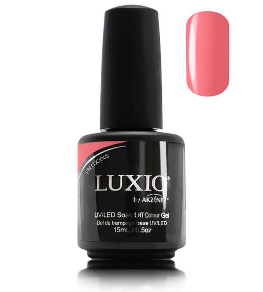 Luxio Gel Polish - Precocious 15ml A Coral-Pink Shimmer  premium 100% pure gel, odourless, vegan, long lasting, HEMA-FREE, pro-only Coloured Gel Polish.