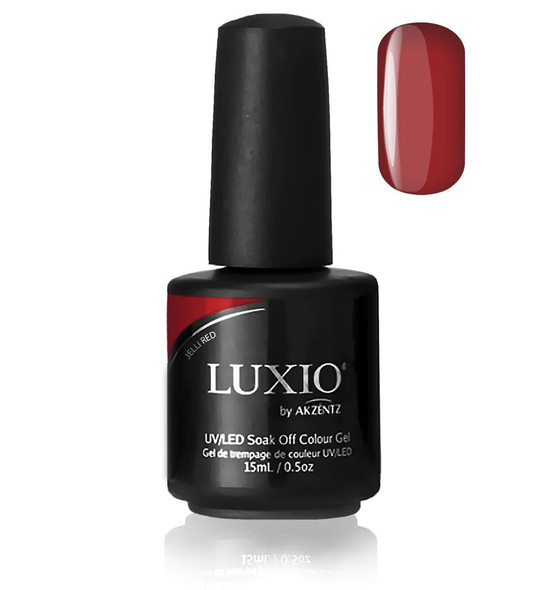 Luxio Gel Polish - Jelli Red 15ml bottle and swatch