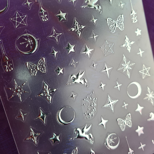 Moxie Ultra Thin Flexible Nail Art Stickers - 5D Silver Astrology (Stars & Moons)