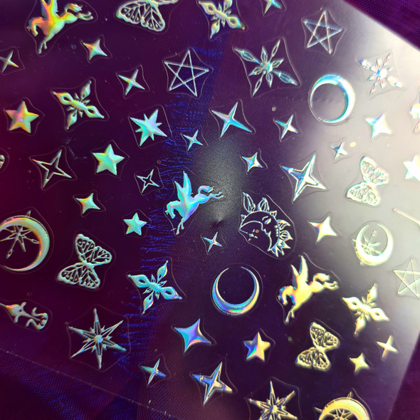 Moxie Ultra Thin Flexible Nail Art Stickers - 5D Holographic Silver Astrology (Stars & Moons) 