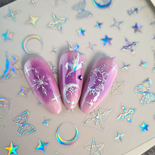 Moxie Ultra Thin Flexible Nail Art Stickers - 5D Holographic Silver Astrology (Stars & Moons) 