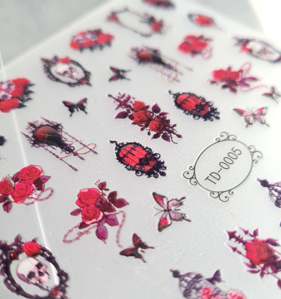 Medieval Gothic Nail Sticker Set – Red & Black with 3D Embossed Lanterns