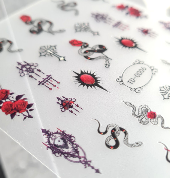 Gothic Elegance Nail Sticker Set – Roses, Snakes, Crosses & Glossy Stars