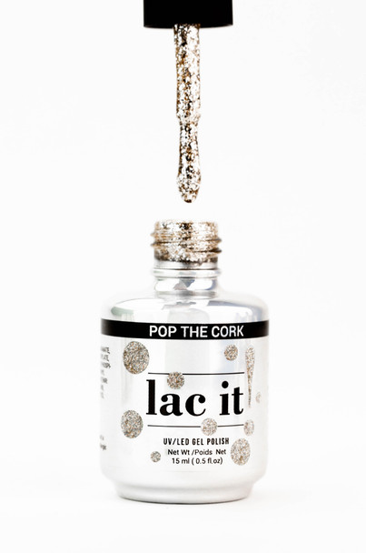 Lac It!™ Advanced Formula Gel Polish - Pop The Cork 15ml Bottle (Holiday Collection). Warm Gold Glitter Gel Polish.