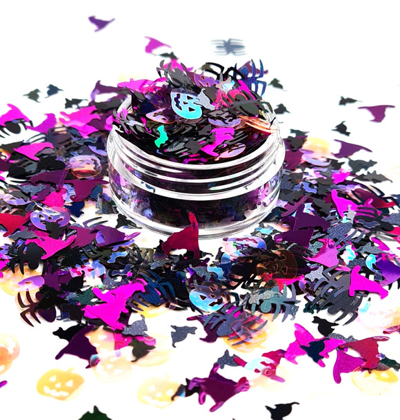 Halloween Nail Art Glitter Mix (Bats, Witches Hats, Pumpkins, Spiders, Cats)
