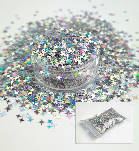 TNS Silver Laser 4 Point Star Glitter for Nail Art 4mm - 1oz Bag