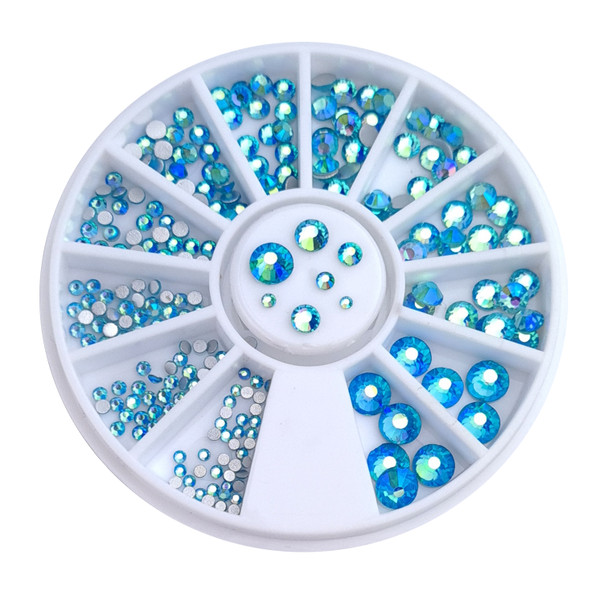 Rainbow Aquamarine Blue Flatback Round Rhinestone Crystal Nail Art Wheel (240PCS) - 9 Different Sizes