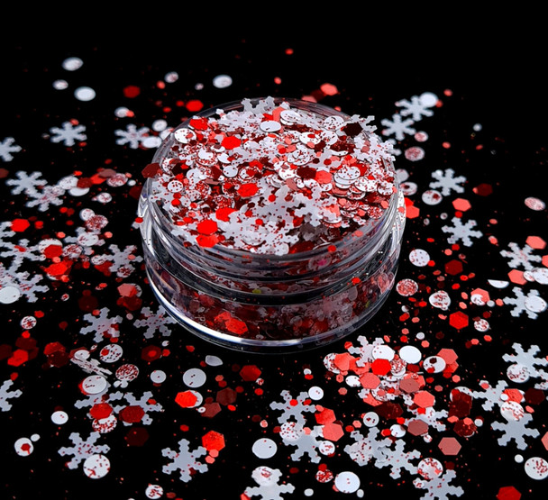 TNS Red & White Snowflake Glitter Mix for Nail Art - 1oz Bag