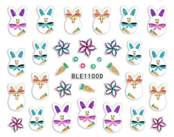 Cute Colourful Easter Nail Stickers (Peel & Stick) - Egg Bunnies in Bows