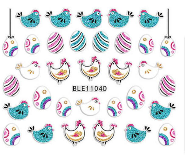 Cute Colourful Easter Nail Stickers (Peel & Stick) - Teal & White Chickens, Striped & Patterned Eggs