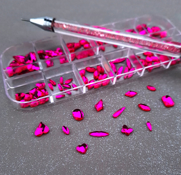 120PCS FUCHSIA BLING BOX of Fancy Shapes Glass Flatback Rhinestones for Nail Art + Optional 50% Off Crystal Pick-Up Wax Pen