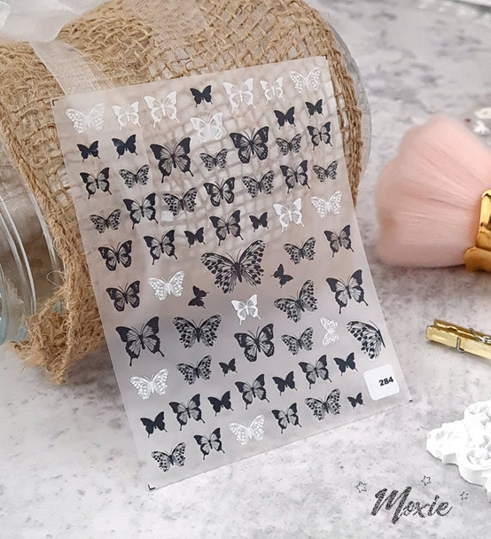 Moxie Ultra Thin Flexible Nail Art Stickers - Intricate Black & White Butterfly Nail Stickers 