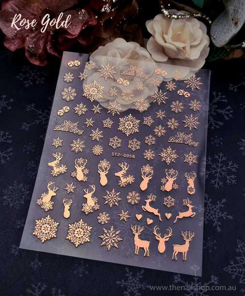 Christmas Nail Stickers (Rose Gold) - Reindeers, Snow Flakes, Bells, Hearts & More!