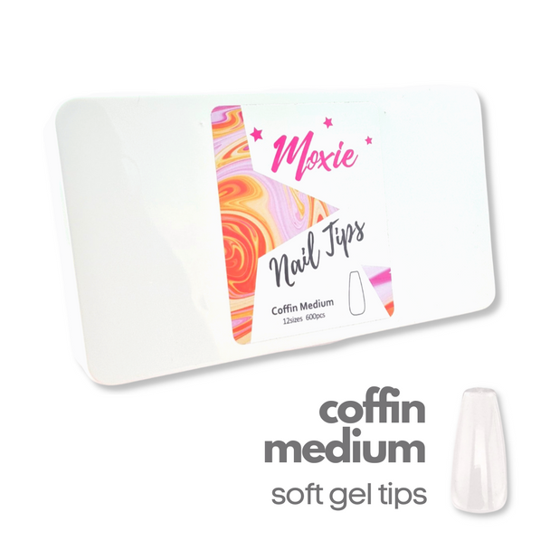 Moxie Coffin Medium Clear Nail Tips for Soft Gel Extensions (Box of 600 or Refill Sizes)