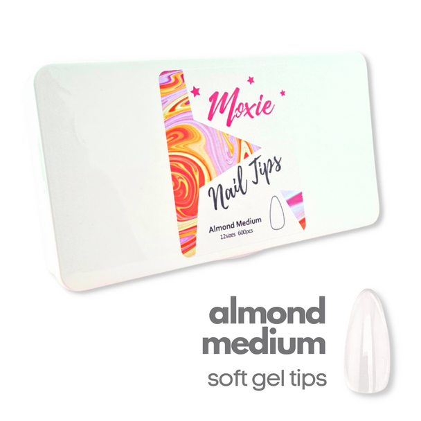 Moxie Almond Medium Clear Nail Tips for Soft Gel Extensions (Box of 600 or Refill Sizes)