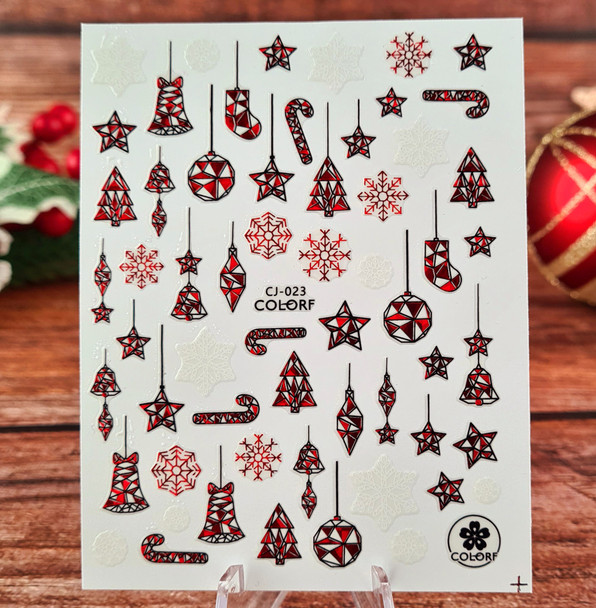 Christmas Nail Stickers (Red, White, Black) - Trees, Candy Canes, Baubles, Stars, Snowflakes