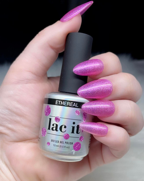 Lac It!™ Advanced Formula Gel Polish 15ml - Ethereal (Head in The Clouds Collection). Pink Pearl Jelly with Micro Glitters.