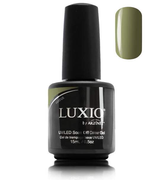 Luxio Gel Polish - Hiatus 15ml A Olive Green  premium 100% pure gel, odourless, vegan, long lasting, HEMA-FREE, pro-only Coloured Gel Polish.