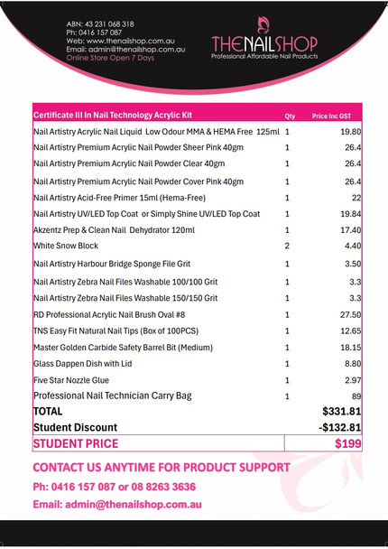 Student Kit TAFE NSW - Nail Artistry Acrylic Kit