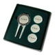 Sterling silver finish divot repair tool set.  Comes in green gift box with clear top.  Perfect for gift-giving!  Includes 4 engraved ballmarkers