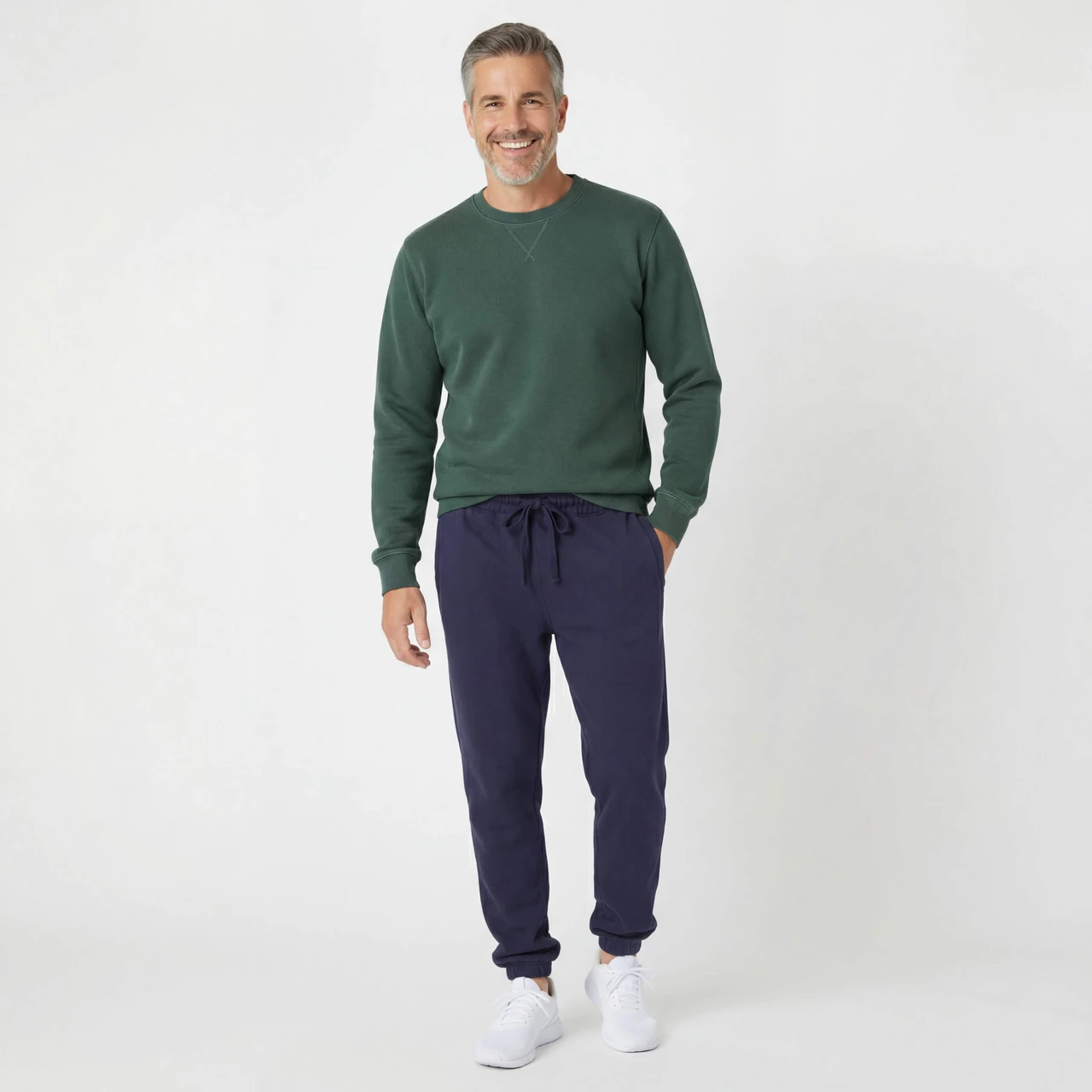 Navy cotton sweatpants styled for a relaxed everyday look