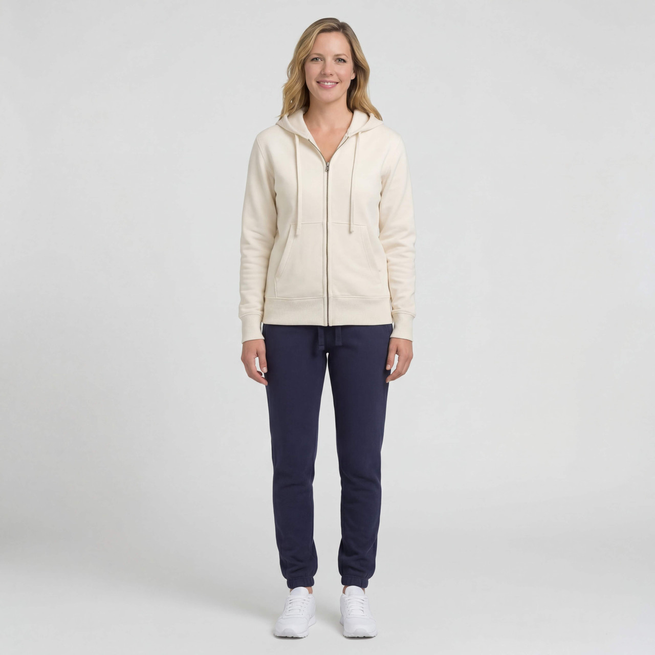 Navy cotton Priv&eacute; sweatpants shown with a clean, tailored fit