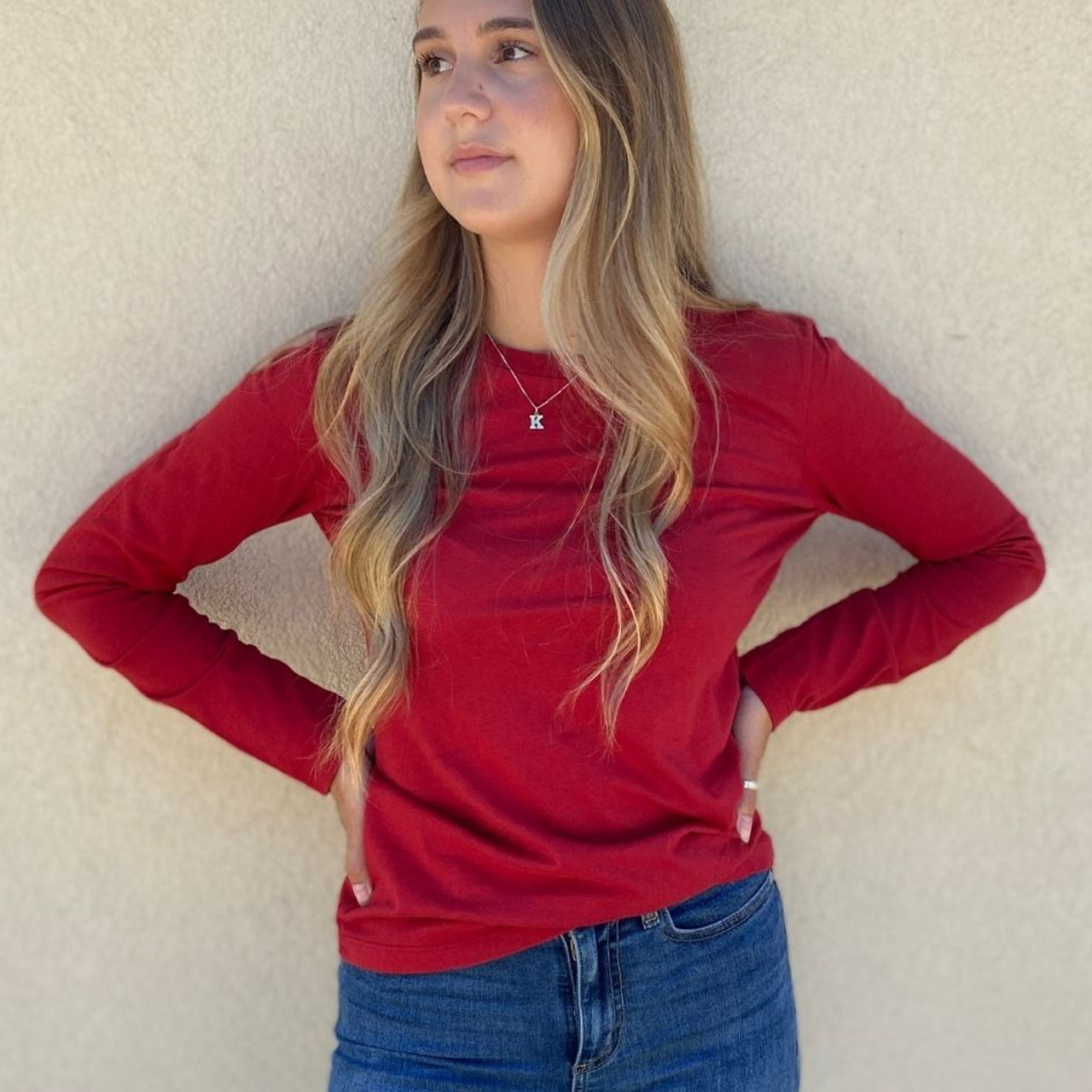 Red cotton deals long sleeve shirt