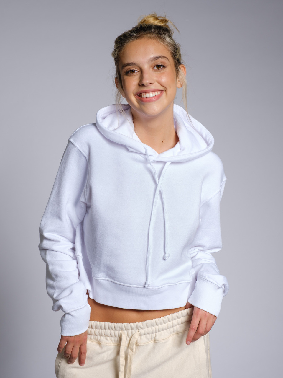 Ladies Organic 100% Cotton French Terry Crop Hoodie White
