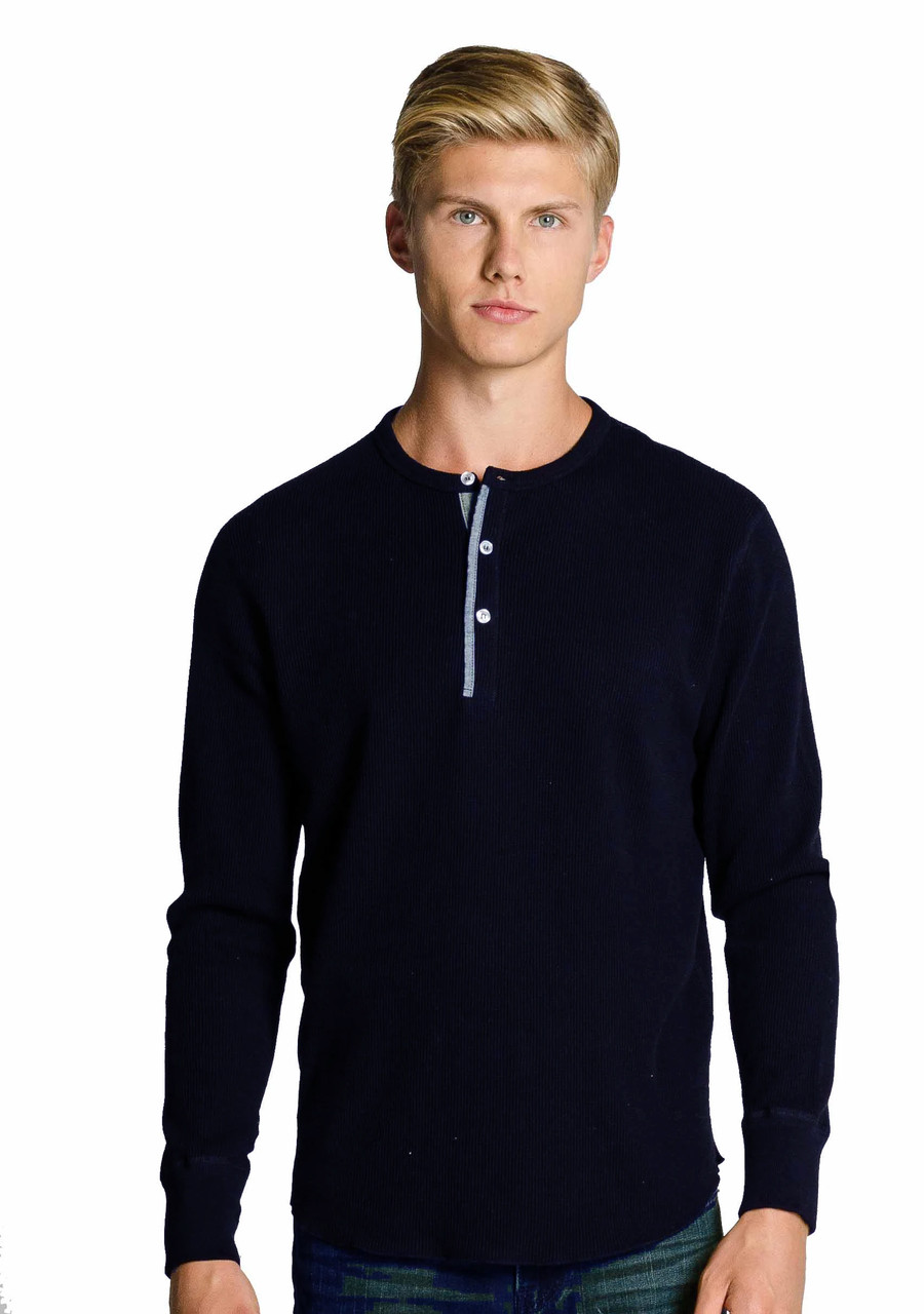 Mens Waffle Henley Collar 100% Cotton Black