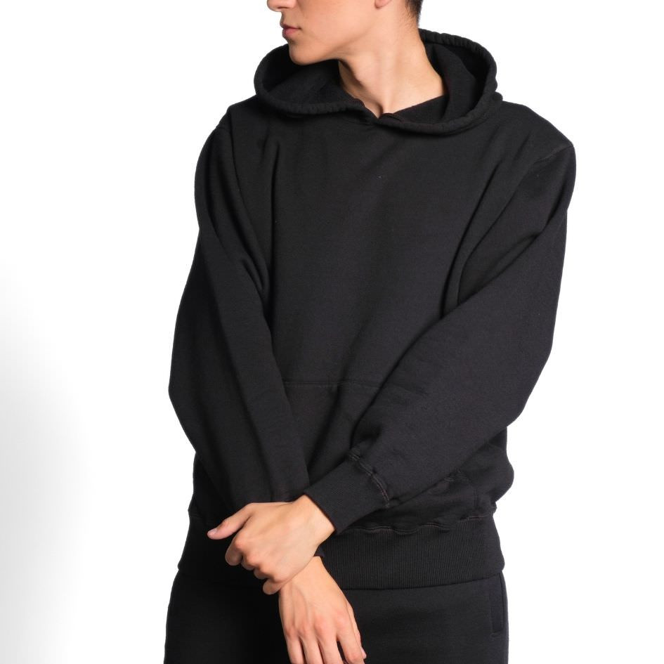 Hooded Pullover Black 100% Cotton Men's Heavyweight Hooded