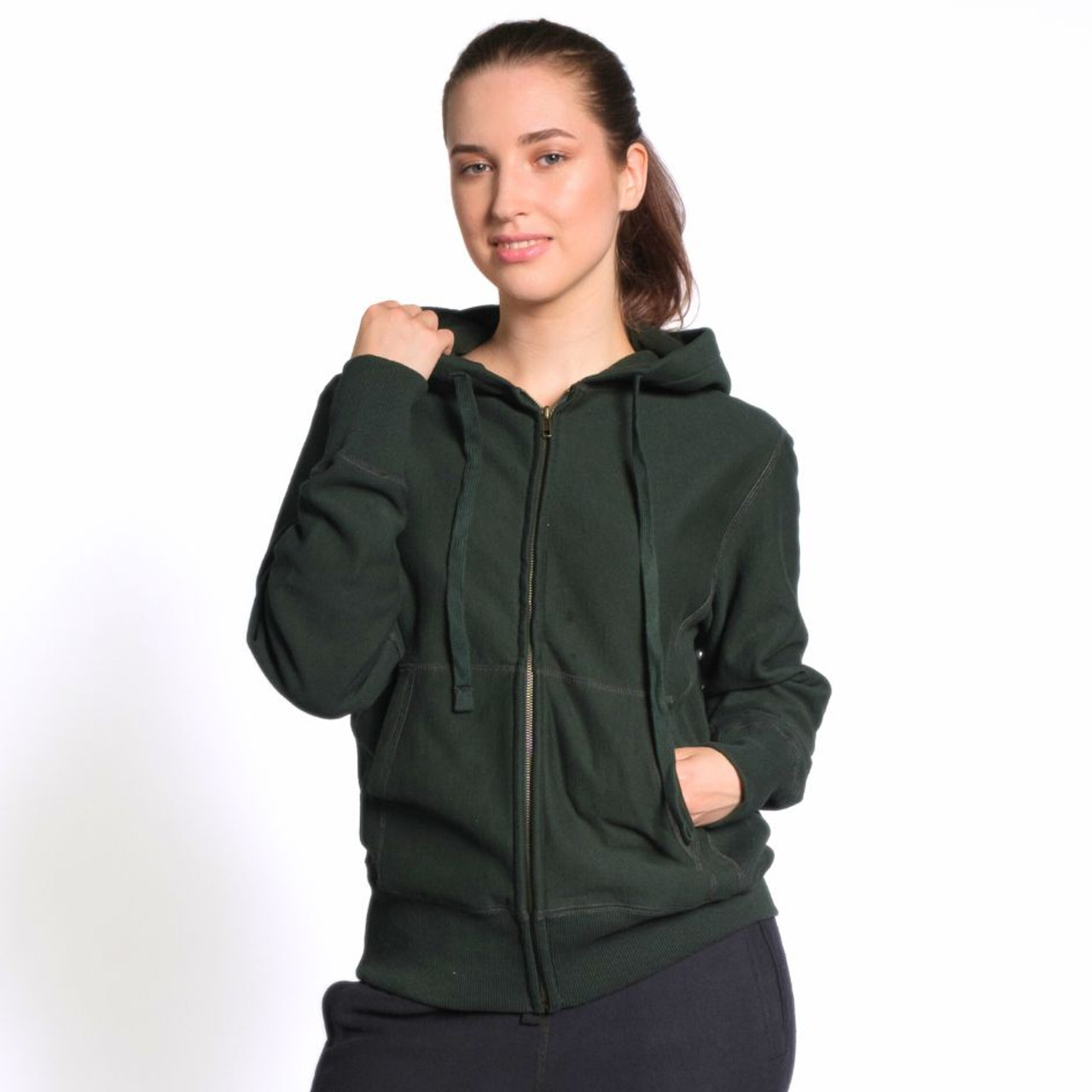 Privé Full Zip Hoodie Park Green with Side Rib 100% Cotton