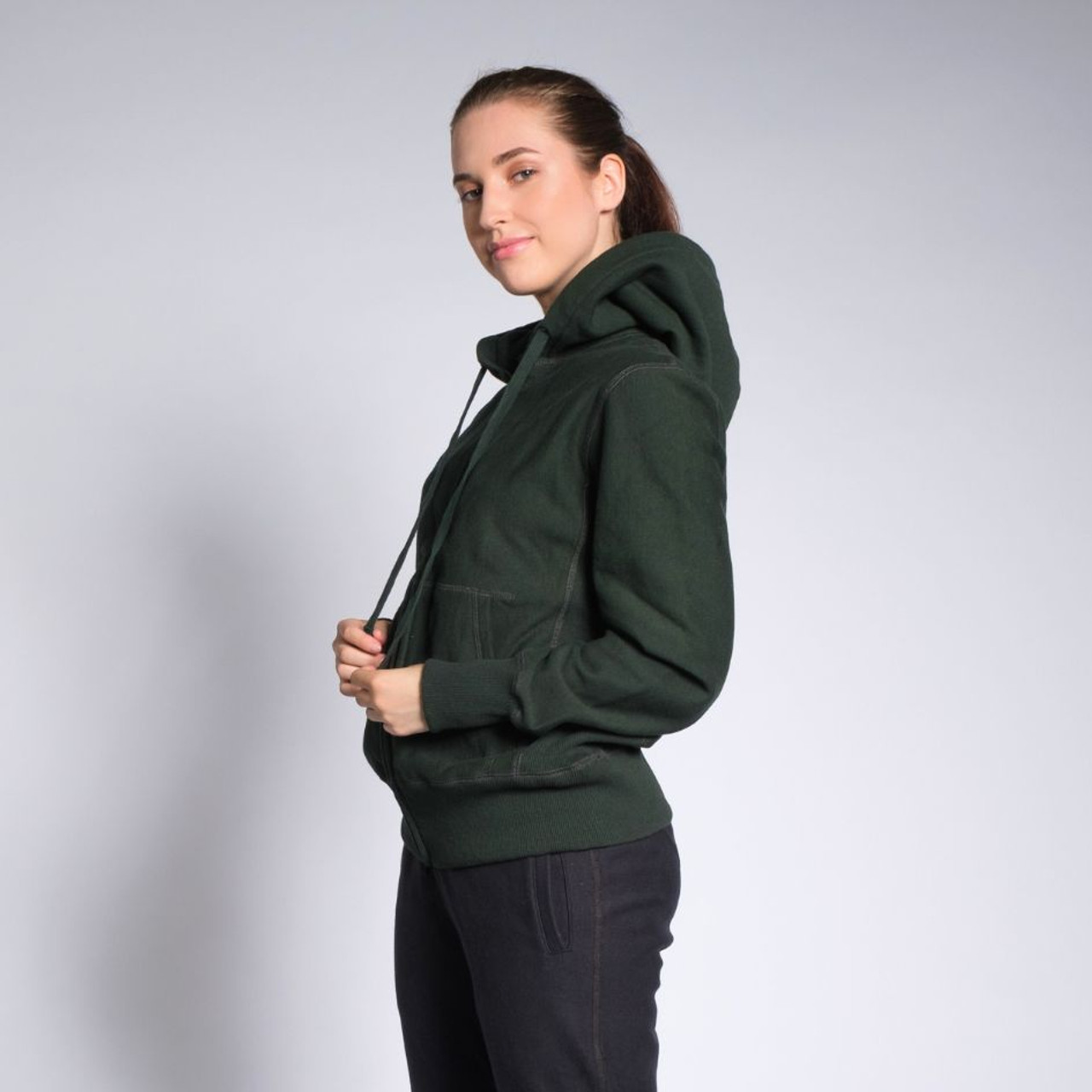 Luxurious Full Zip Hoodie Unisex Green with Side Rib panel 100% Cotton