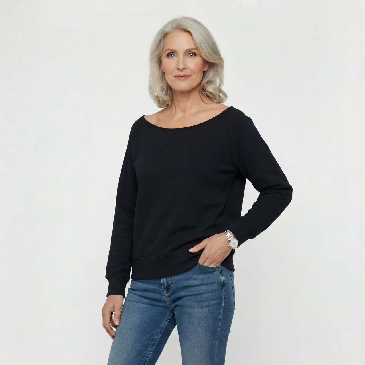 French Terry Scoop Neck Black Sweatshirt | Ladies Scoop Neck