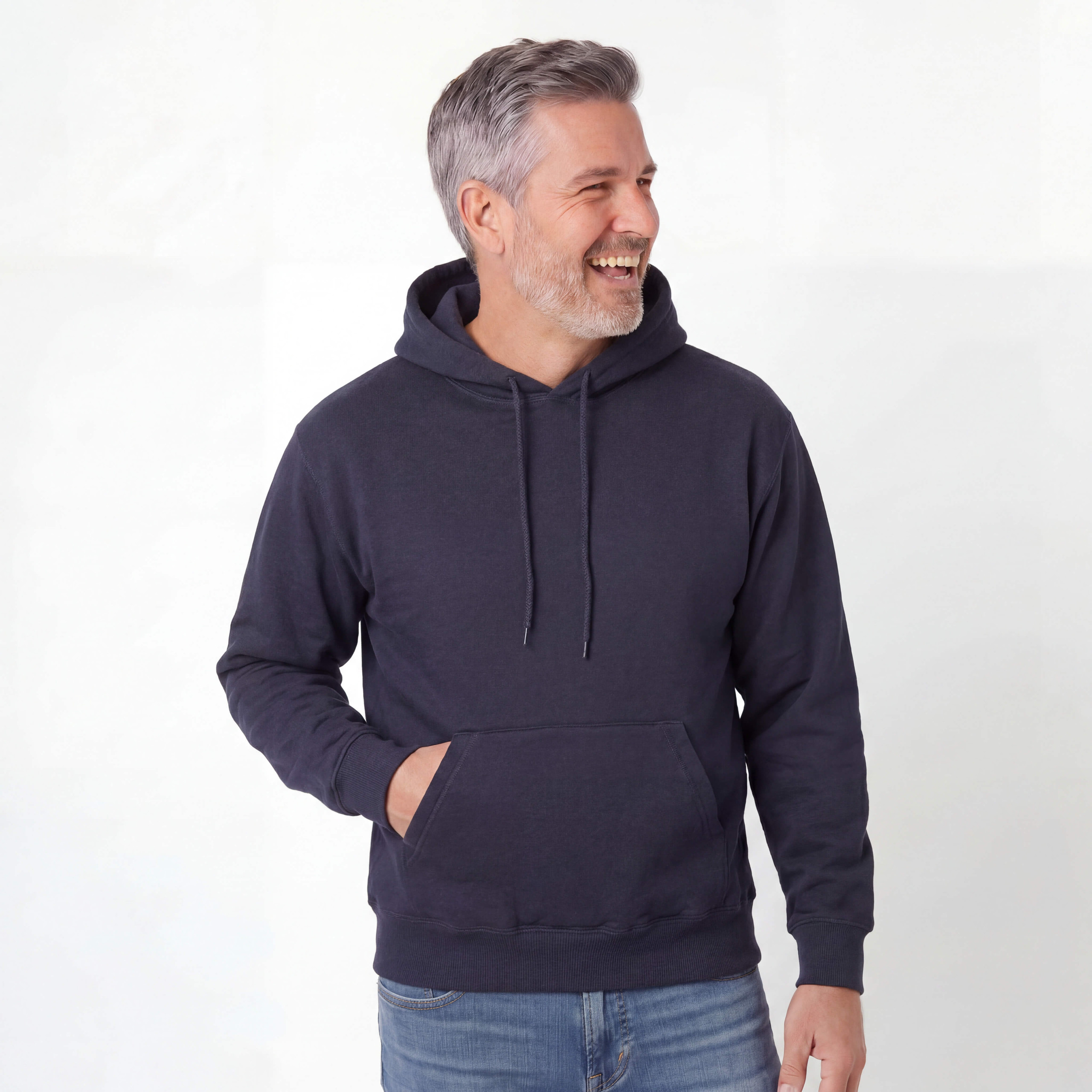 A dark navy hoodie that works as a simple winter layering piece