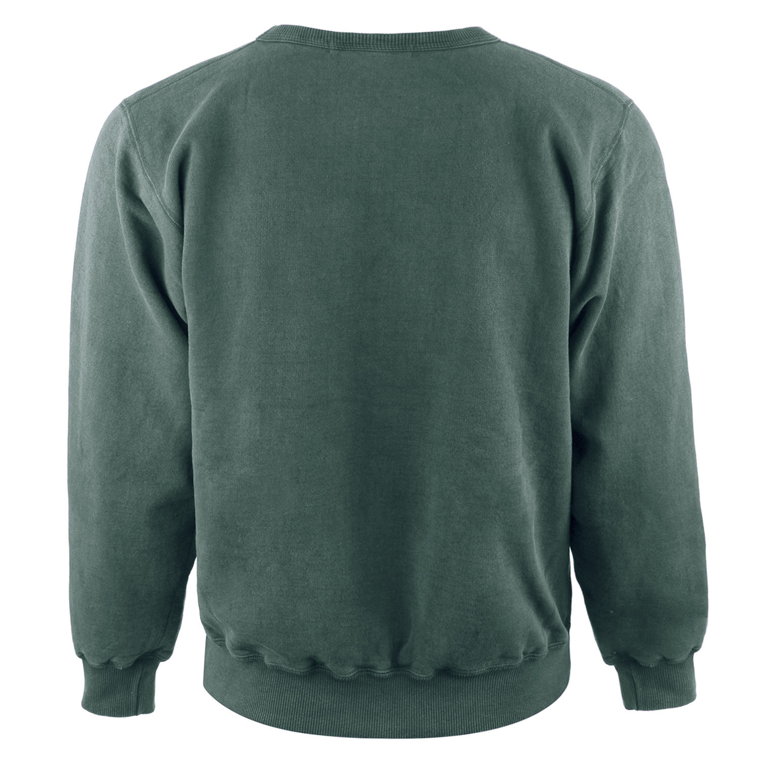 A heavyweight cotton crewneck viewed from behind, with the ribbed waistband and sleeve cuffs visible