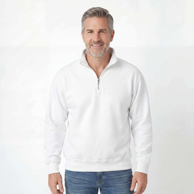 Just Sweatshirts Zip Neck White 100% Cotton sweatshirt on a man, showcasing classic style and comfort.